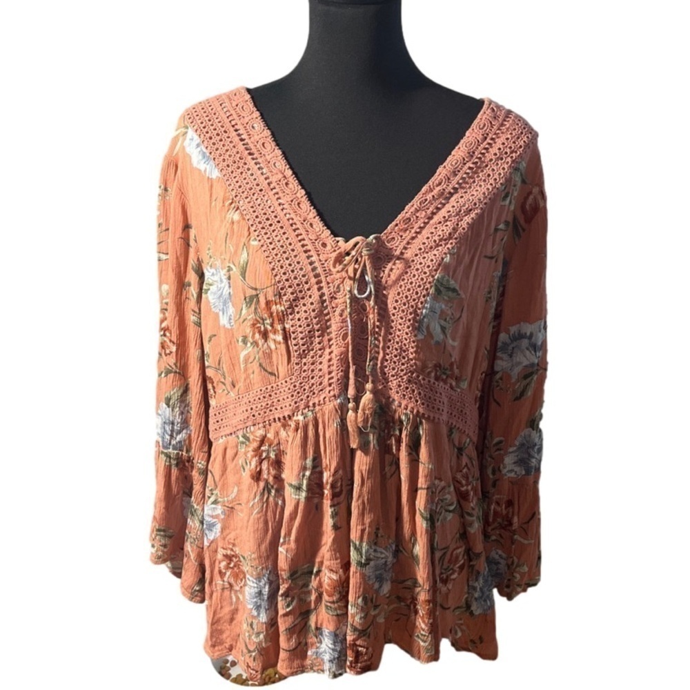 Torrid Boho Floral Tassel Babydoll Top, Size 2X